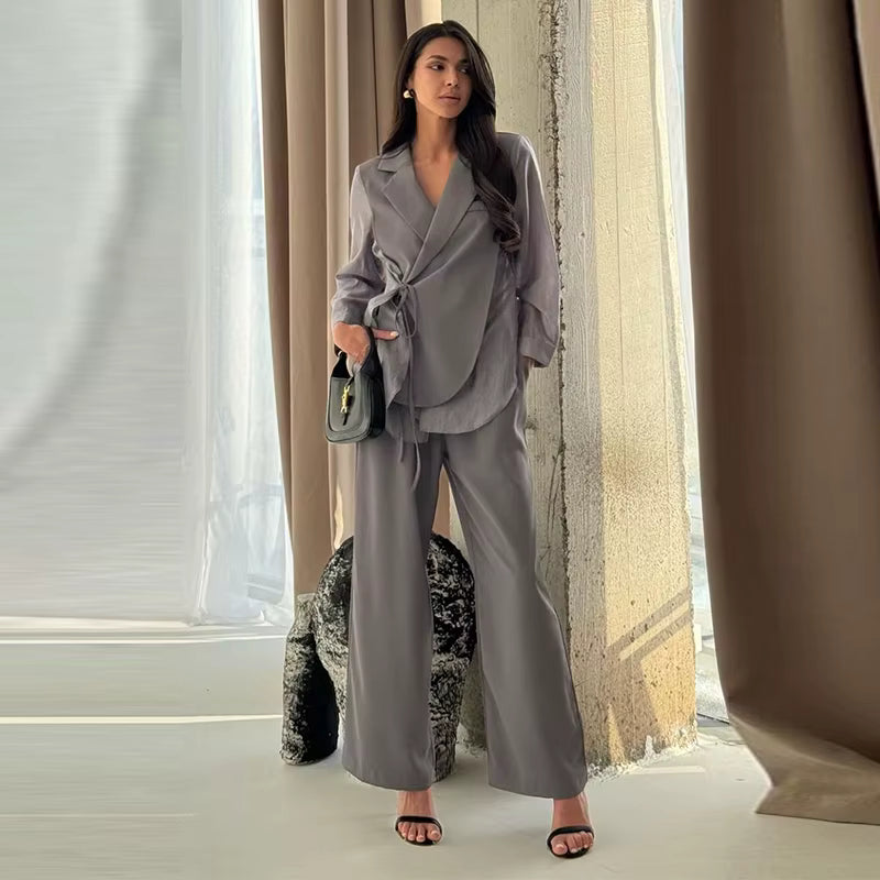 Şifon Detaylı Bağcıklı Gömlek & Pantolon Takım