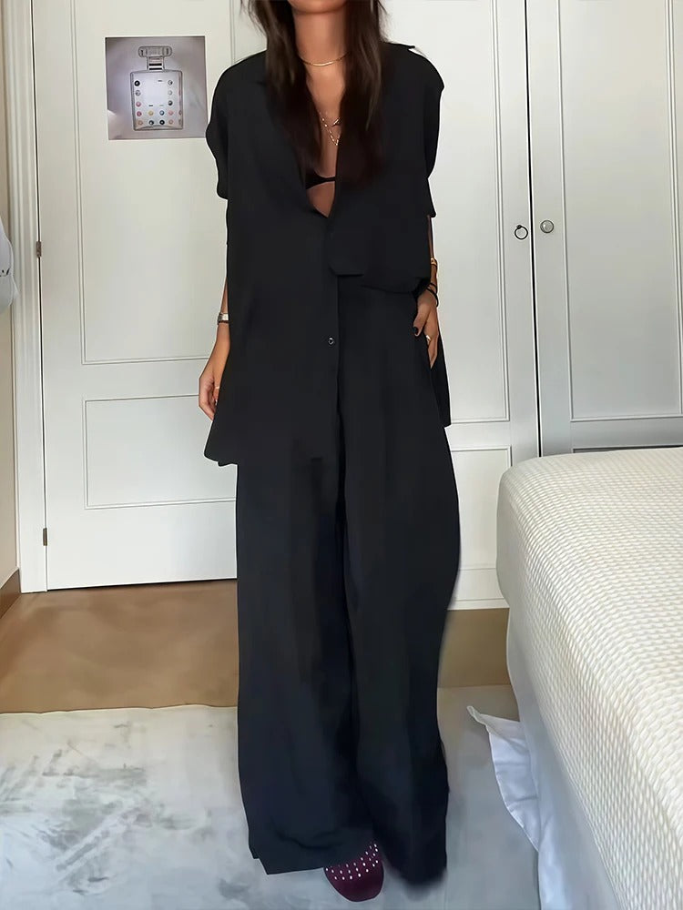 Uzun Kol Gömlek & Yüksek Bel Geniş Paça Pantolon Takım